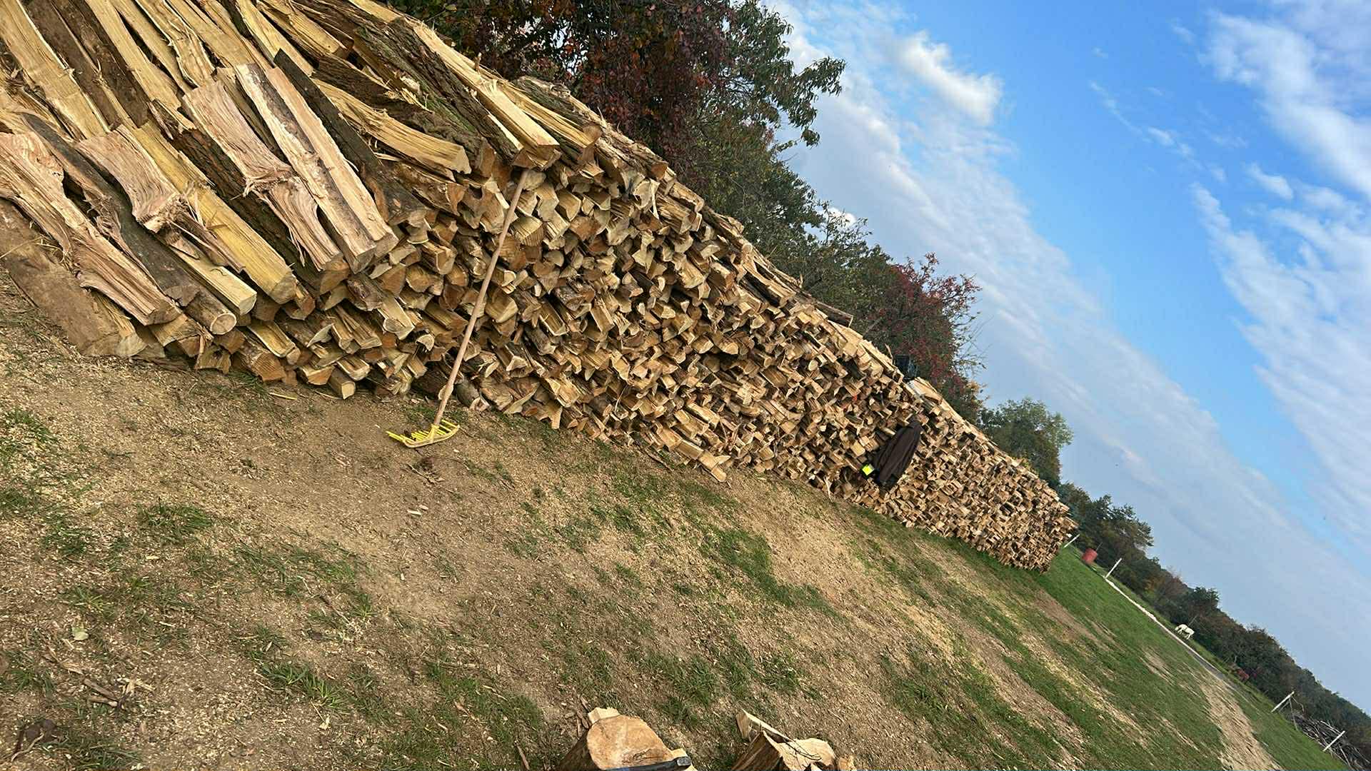 Gondosan sorba rakott, száraz tűzifa hasábok közelről fotózva